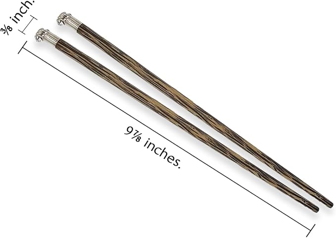 Wooden Chopsticks 9⅞" Long Coconut Palm Wood Chopstick Metal Elephant Top Eating Utensils Oriental Cutlery Asian Tableware Decorative Dinnerware to Serve Chinese Japanese Korean Food