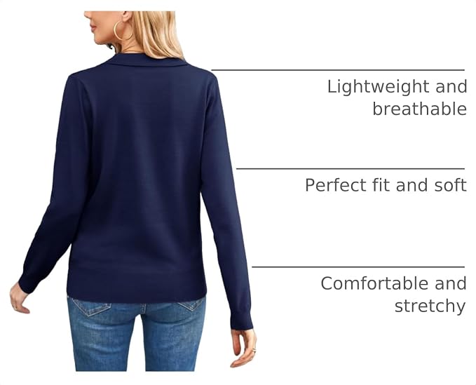Women's Long Sleeve Classic V Neck Casual Fall Winter Polo Sweater Tops | Basic Collared Knitted Fashion Work Business Formal Daily Wear Versatile Pullover Shirts