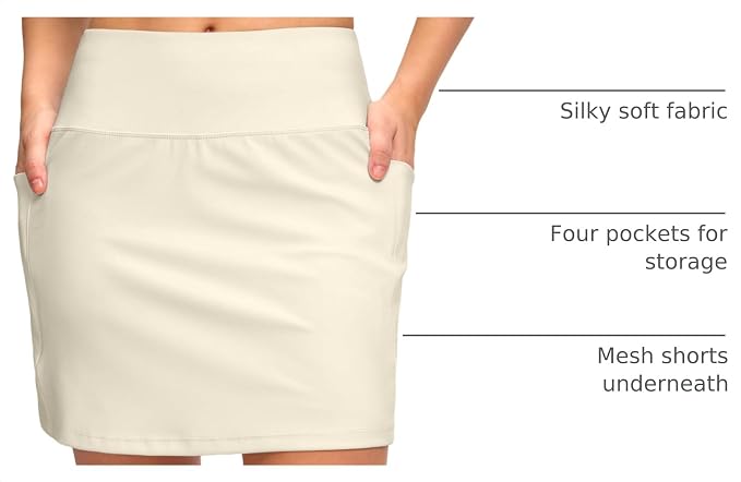 Women's Golf Skirts Skort 4 Side Pockets High Waisted Stretchy Tennis Skirt | Silky Soft, Lightweight, Breathable, Built-in Mesh Shorts, High Waisted, Elastic waistband, Moisture-Wicking, Athletic