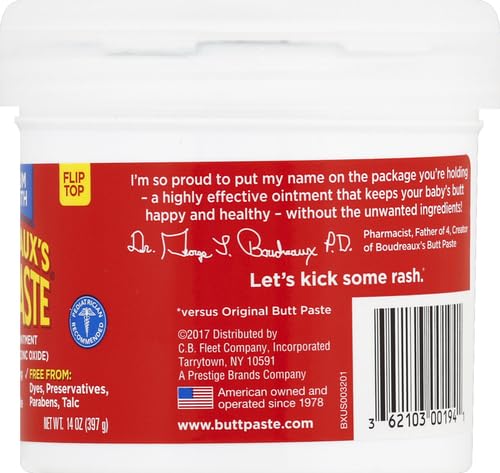 Boudreaux’s Butt Paste Max Strength Diaper Rash Cream for Baby, Ointment With Zinc Oxide, 14 oz Flip-Top Jar (Pack of 2)