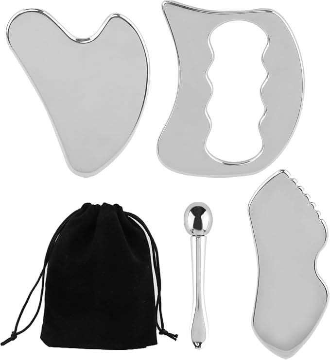 4-in-1 Stainless Steel Gua Sha Tool Set, Gua Sha Facial Tools, Fascial Massager for Deep Tissue Relief, Facial Contouring & Puffiness Reduction
