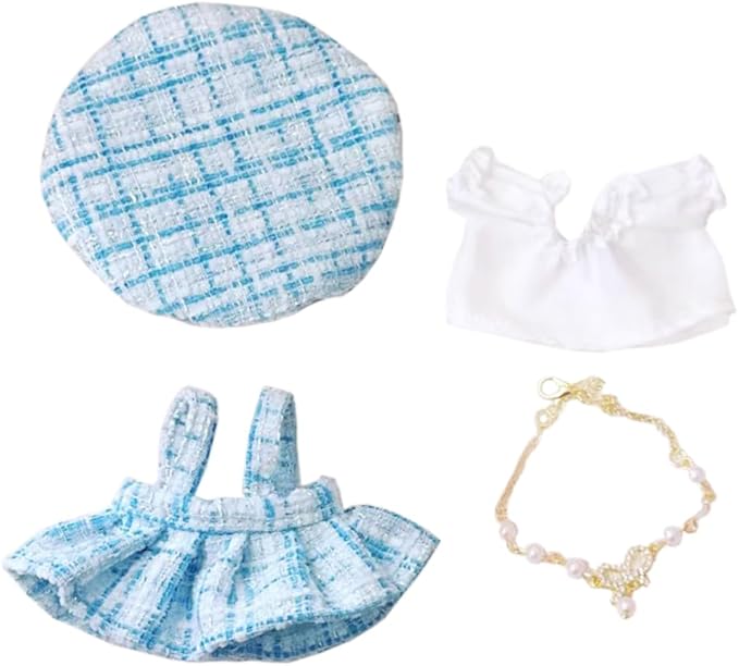 niannyyhouse 10cm~15cm Plush Doll Clothes Berets Suspender Skirt White Shirt Accessories Doll Dress Up (Blue)