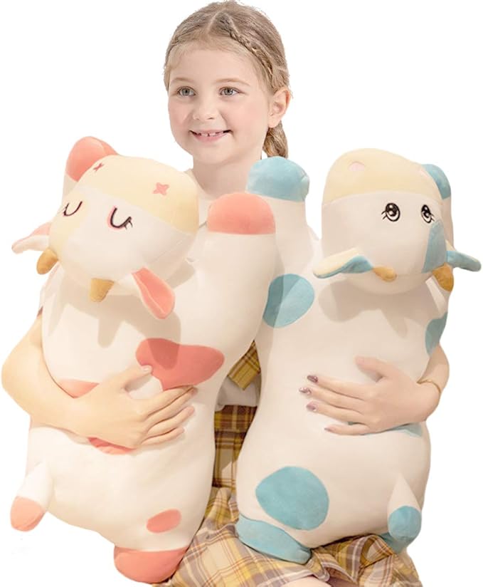 ELAINREN Floppy Blue Dairy Cattle Plush Pillow Ultra-Soft Mik Cow Stuffed Animals Toy Fluffy Farm Calf Plushie Cushion Decor Gifts/25.6''