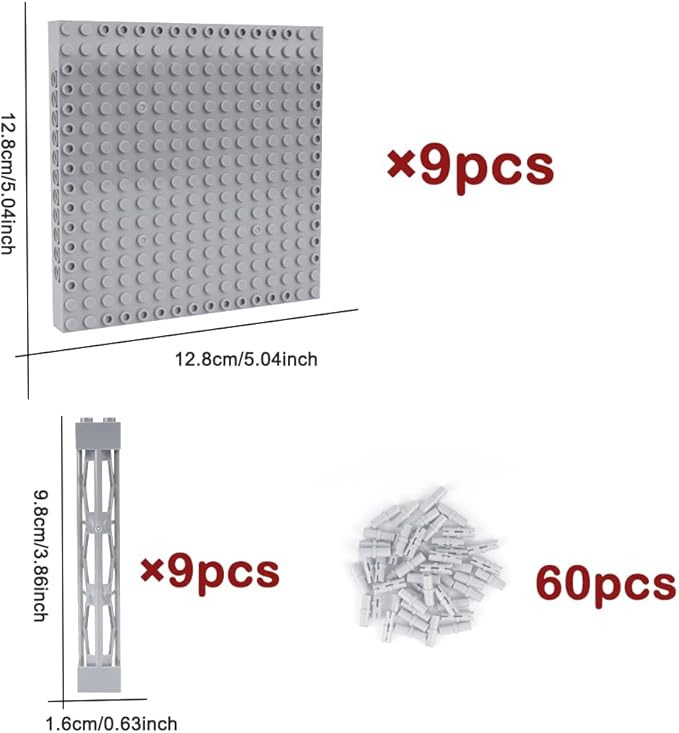 Brick 16x16 Plate 1/3 with Holes,Pins Suppor Pillar Classic Building Block Bulk Parts and Pieces Sets,Pixel Art Painting Base Compatible with 65803(Light Gray)