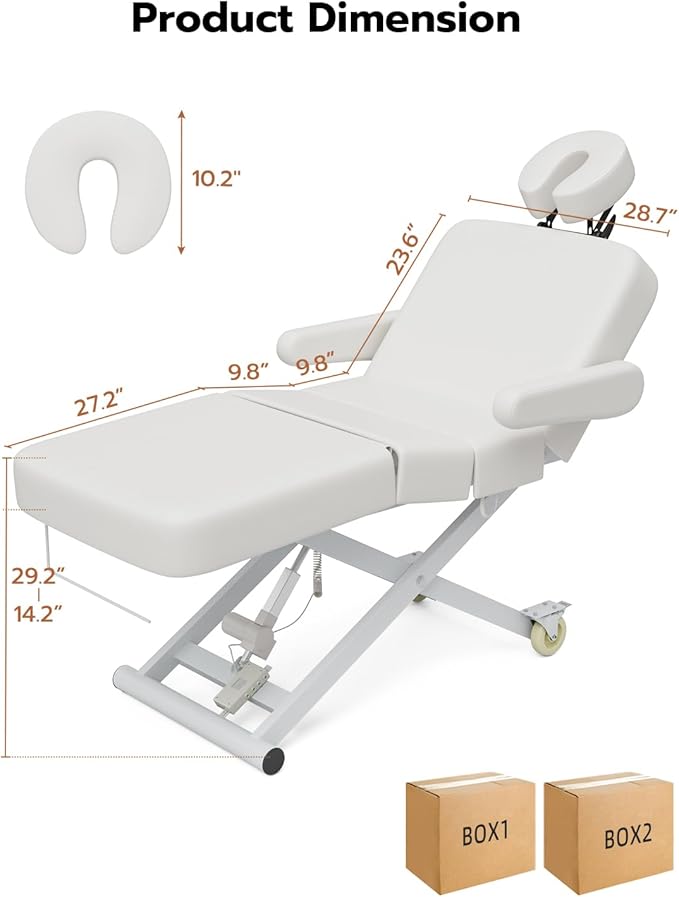 Paddie 3 Motor Fully Electric Massage Table Professional with Face Cradle, Customized Angle Folding, 550lbs Height Adjustable with Rolling Wheels, White