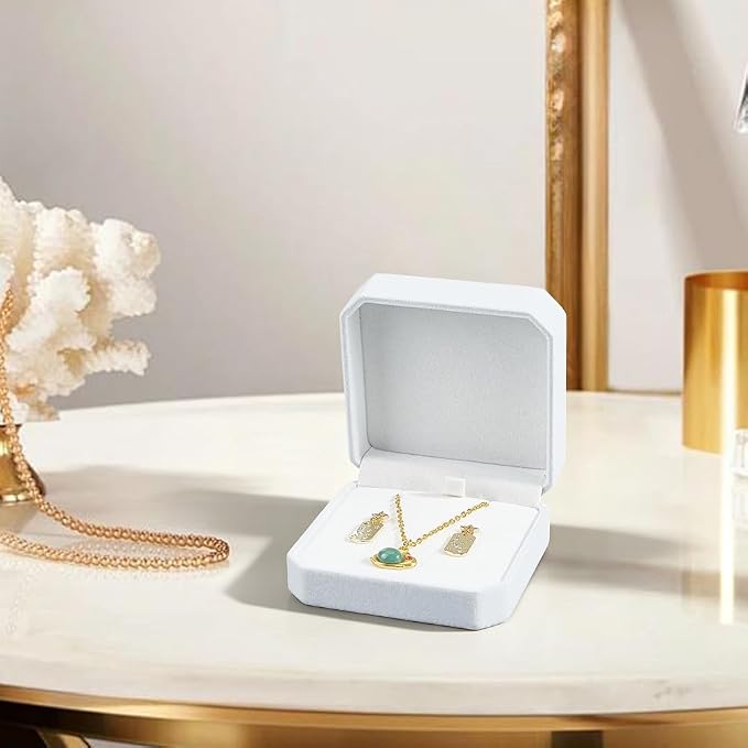 SUNNYCLUE Necklace Earrings Ring Gift Box Velvet Jewelry Set Box 3.6x3.6x1.7 Inch White Pendant Necklaces Organizer Storage Display Case for Bracelet Earring Ring Wedding Engagement Birthday Traveling