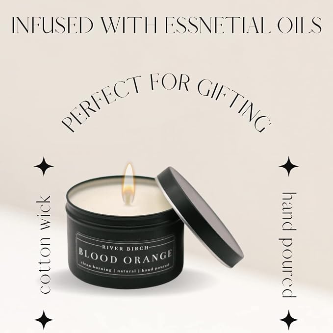River Birch Candles Blood Orange Scented Candle | Premium, All-Natural, Non-Toxic, Soy Candles | 8 oz. Black Matte Tin Travel Candle
