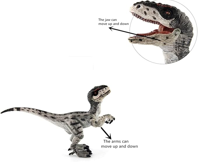 Dinosaur Toy Velociraptor Figurine with Moving Jaw and Hands,Detail Raptor Action Figure Toy Gift and Dinos World Collection Toys for Birthday Gift,Kids Toys,Party Favor(Grey)