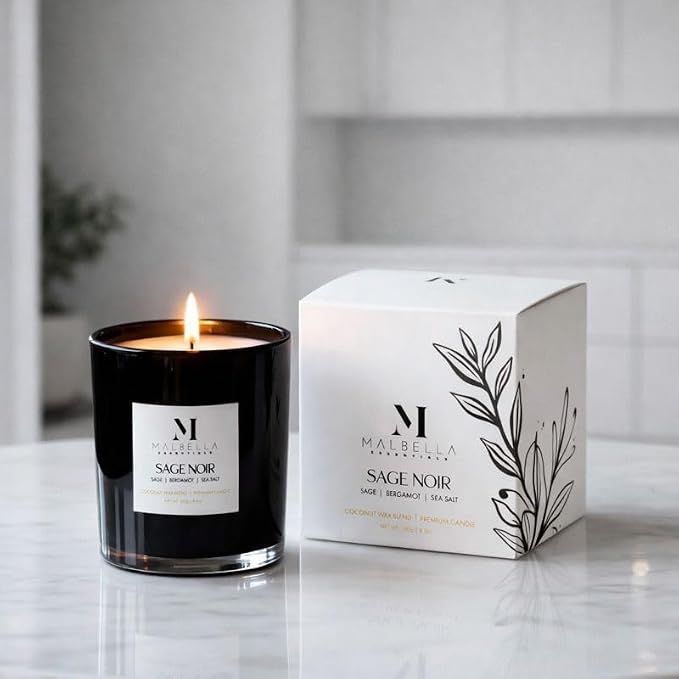 Sage Noire Luxury Scented Candle for Women & Men | 8.5 oz Hand-Poured Coconut Wax Blend | Modern Self-Care Aromatherapy Candle | 50 Hr Burn | Gift-Ready Glossy Glass Vessel