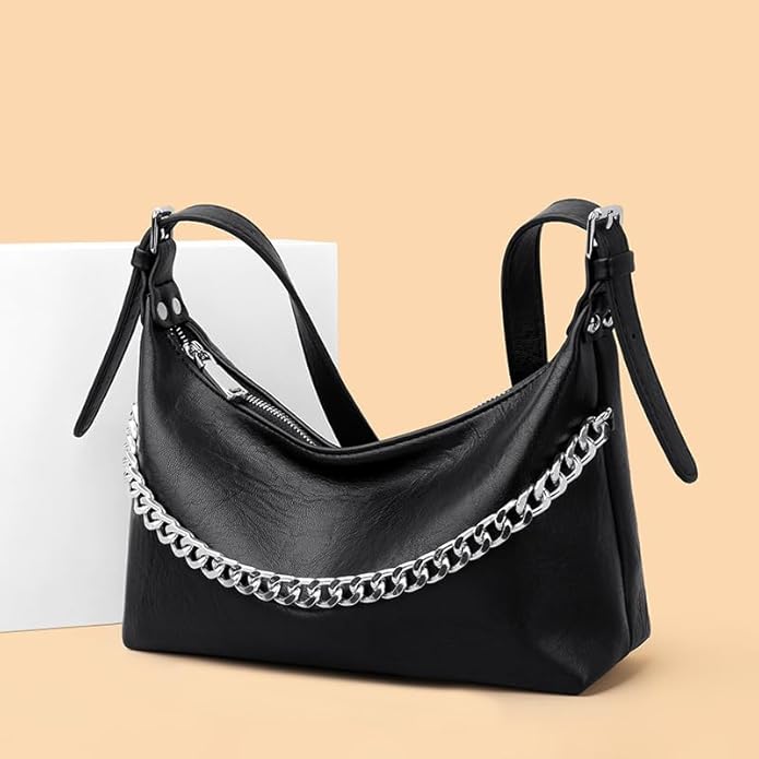 Women Shoulder Bag PU Leather Classic Trendy Purse with Adjustable Strap Chain Decoration