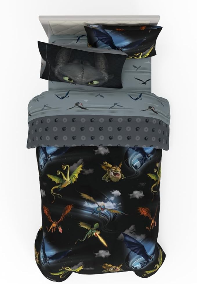 How to Train Your Dragon Kids Bedding Super Soft & Cozy Reversible Microfiber Comforter and Sheet Set with Sham, 5 Piece Twin Size, (Officially Licensed Product) By Franco