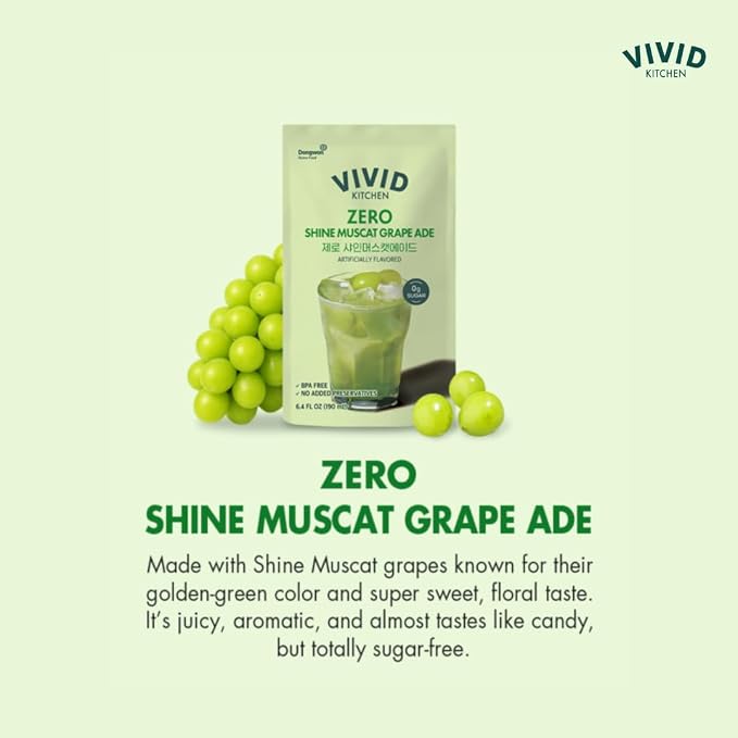 VIVID KITCHEN Korean Grape Ade – Shine Muscat Flavor – Zero Sugar, Zero Calories – 6.4 fl oz (10 Pouches) – No Preservatives or Corn Syrup – Natural Korean Drink for Hydration & Refreshment