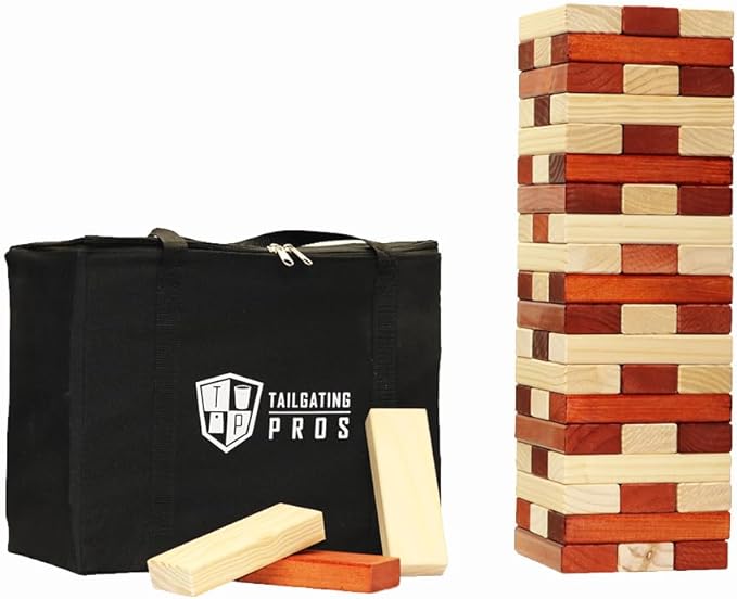 Tailgating Pros Premium Giant Toppling Timbers with Tote – Jumbo Outdoor Yard Game, Tower Grows to Over 5 Feet – Optional Tipsy Stickers Available!