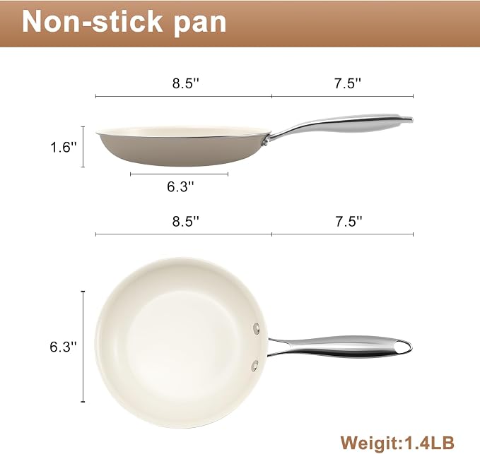 9.25" Ceramic Frying Pan with Lid, Nonstick Omelette Pan, Induction