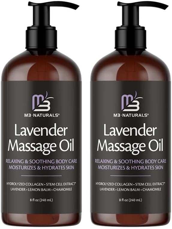 Lavender Sensual Massage Oil with Collagen and Stem Cells, Skin Tightening Therapy for Bum, Thighs, and Belly, Fast-Absorbing Cellulite Oil, 8 fl oz by M3 (Pack of 2)