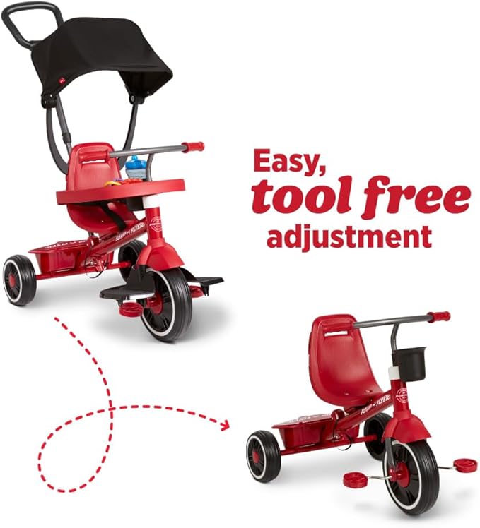 Radio Flyer 4-in-1 Pedal & Push Stroll ’N Trike, Ages 1-5, Toddler Tricycle & Stroller, High-Density Foam Tires, Parent Push Handle, UV Canopy, Removable Tray, Headrest & Seatbelt, Stroller Tricycle