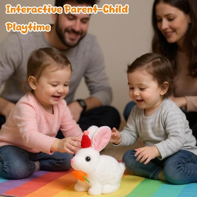 Easfan Hopping Bunny Plush Jumping Spotted White Rabbit with Hat Ears Nose Moving Educational Plush Toy Interactive Toy Electric for Toddlers Kids,7"