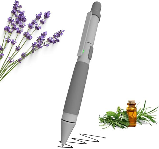 Aromatherapy Writing Pen Battery with Real Ink Tip and Hidden Diffuser Port, Soft Touch Ballpoint for Note Taking, Signature, and On-The-Go Relaxation, Rechargeable Wellness Gift for Office (Silver)