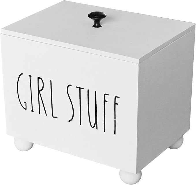 Tampon Holder for Bathroom, Farmhouse Pad Storage Container, Rustic Wood Bathroom Storage Bin with Lid, Period Organizer for Women, Feminine Products Caddy, Bathroom Accessories Decor Box (White)