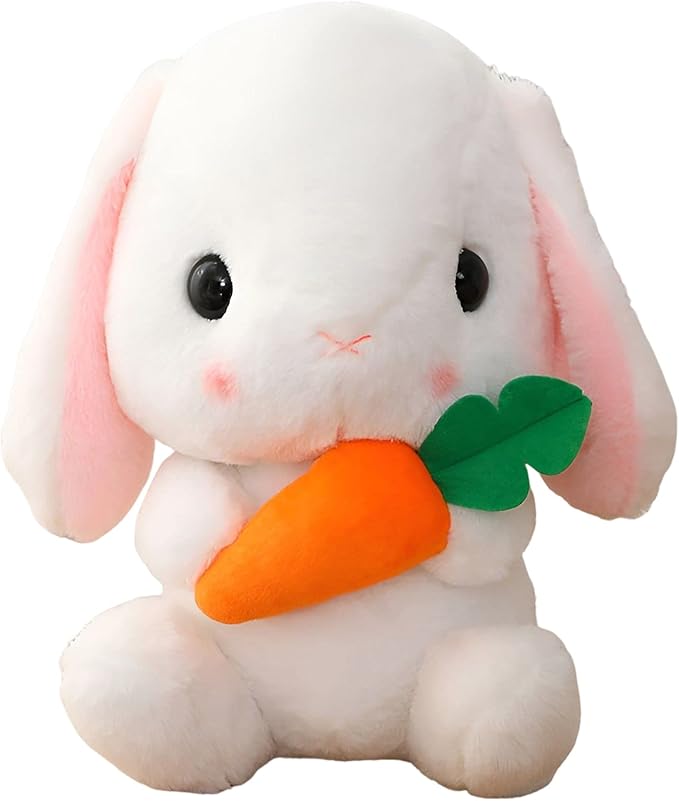 HOUPU Soft Toy - Sitting Lop Eared Rabbit, Easter White Rabbit Stuffed Bunny Animal with Carrot Soft Lovely Realistic Long-Eared Standing Pink Plush Toys (White-Carrot,29.5in/75cm)