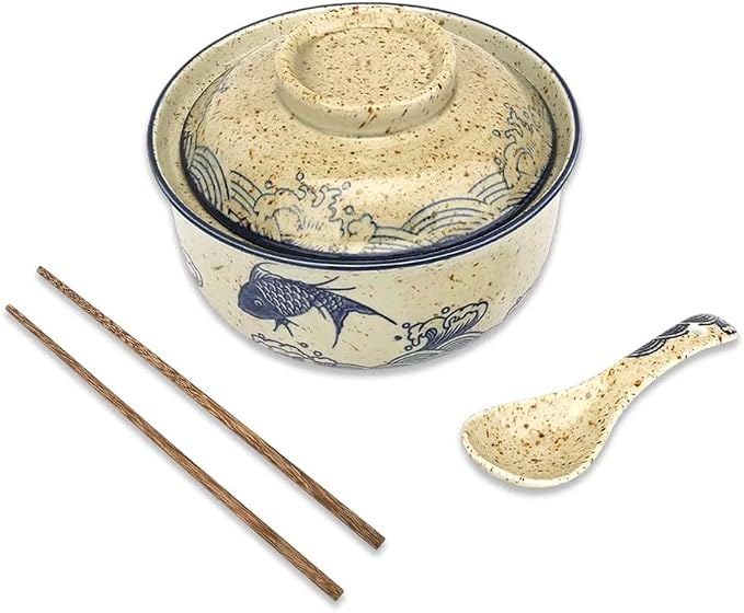 25 Oz Ceramic Ramen Bowl Set with Lid, Spoon & Chopsticks - Japanese Vintage Large Soup Bowl, Asian Tableware for Instant Noodles, Soup & Rice (Fish Pattern)