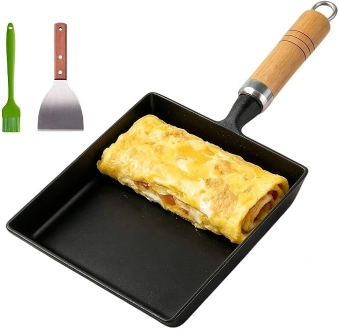 RIIPOO Cast Iron Tamagoyaki Pan Japanese Omelette Egg Tamago Pan Skillet with Turner & Brush