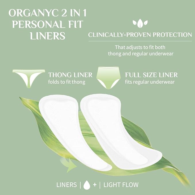 Organyc 100% Certified Organic Cotton 2 in 1 Panty Liners for Women Fits Thong or Regular Underwear, Light Flow, 20 Count