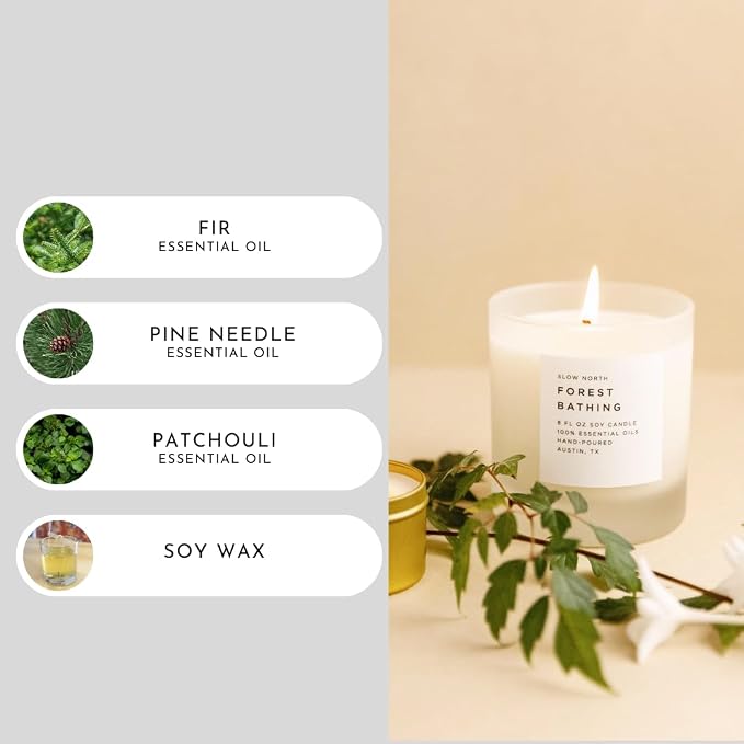 Slow North Forest Bathing Candle - Essential Oils and Pure Soy Wax Candle in a Reusable Frosted Glass Jar - A Unique and Mindful Scented Candle Hand-Poured in the USA (8 oz)