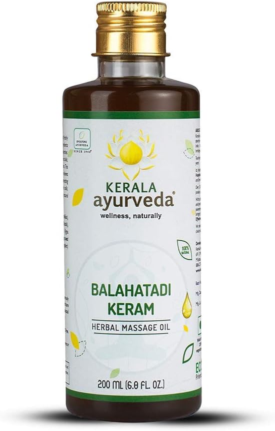 Kerala Ayurveda Balahatadi Keram - Pitta-Vata Balancing Scalp Massage Oil with Arrow-Leaf SIDA, Amla,Tinospora in Coconut Oil Base to Rejuvenate The Mind & Promote Natural restful Sleep, 6.8 Fl Oz