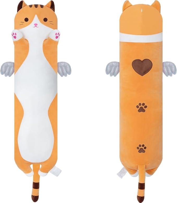 Long Cat Body Pillow for Kids, Cute Cat Stuffed Animals Gifts for Girls, Long Cat Plush Toy for Birthday, Soft Cat Plushies Pillow (Yellow, 19.6in/50cm)