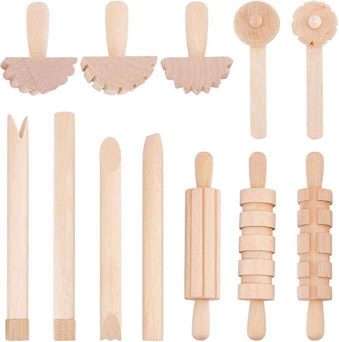 OLYCRAFT 12pcs Clay and Dough Tools Play Accessories Includes Rollers Hammer Party Pack Wood Pottery Tools Stamps for Clay Art DIY Crafts Art Craft Activity Supplies