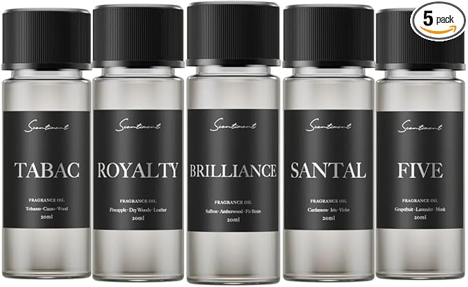 Scentiment Designer Diffuser Oils – Santal (Sandalwood), Tabac (Tobacco & Cacao), Brilliance (Saffron & Amber), Royalty (Pineapple & Leather), Five (Citrus & Musk) – 5 Pack, 0.68 fl oz (20 mL)