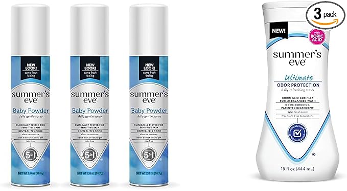 Summer's Eve Baby Powder Spray 3 Pack and Ultimate Odor Control Body Wash with Boric Acid, 15 Fl Oz