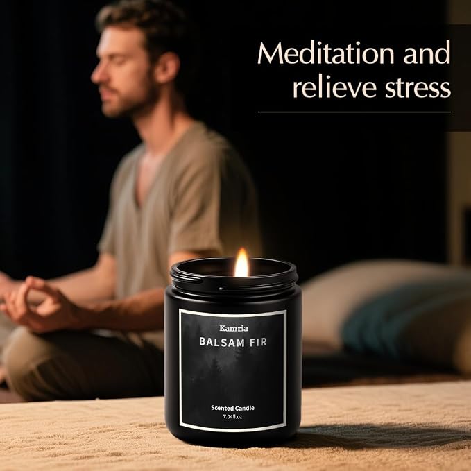 Balsam Fir Scented Candle, Fresh Pine & Evergreen Woodsy Aromatherapy in Black Jar, Natural Soy Wax for Home Decor, Crisp Winter Forest Scent for Men and Women, 7oz