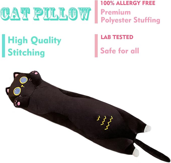 ELAINREN 90cm Lenght Cat Stuffed Throw Pillow Cuddly Black Kitten Plush Big Toy Ultra-Soft Kitty Plushie Cushion Decor Gifts