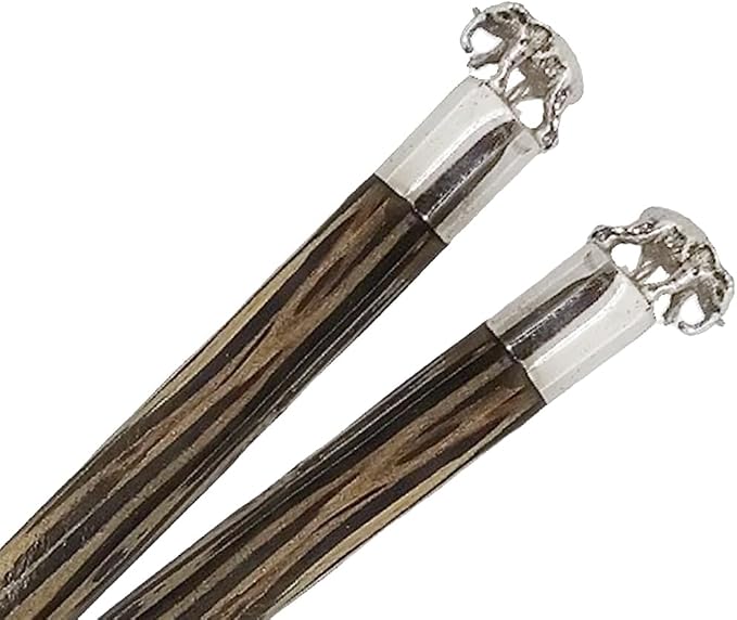 Wooden Chopsticks 9⅞" Long Coconut Palm Wood Chopstick Metal Elephant Top Eating Utensils Oriental Cutlery Asian Tableware Decorative Dinnerware to Serve Chinese Japanese Korean Food