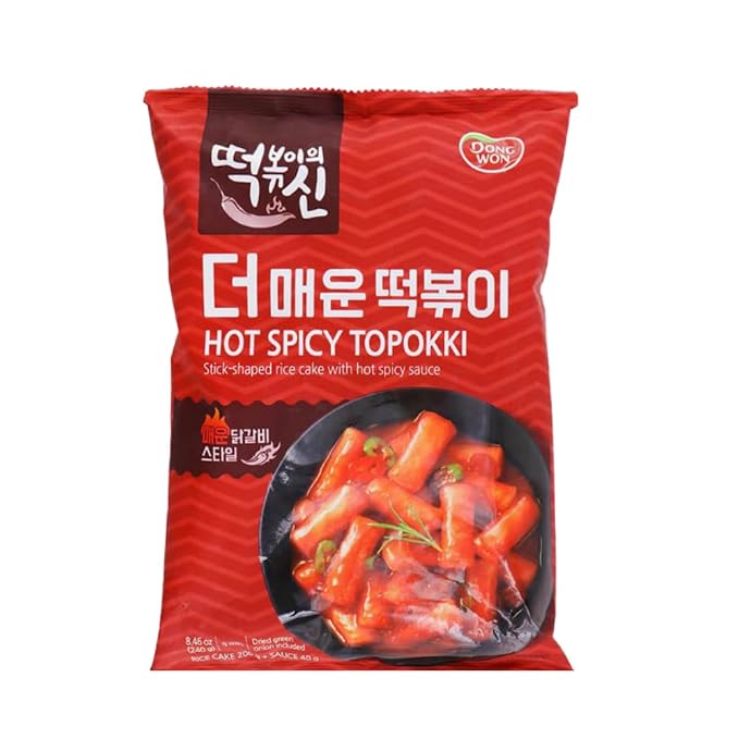 DONG WON Topokki with Hot Spicy Sauce, Korean Rice Cake Stick, Korean Street Food, 8.46 OZ (240 G) - 2 Pack
