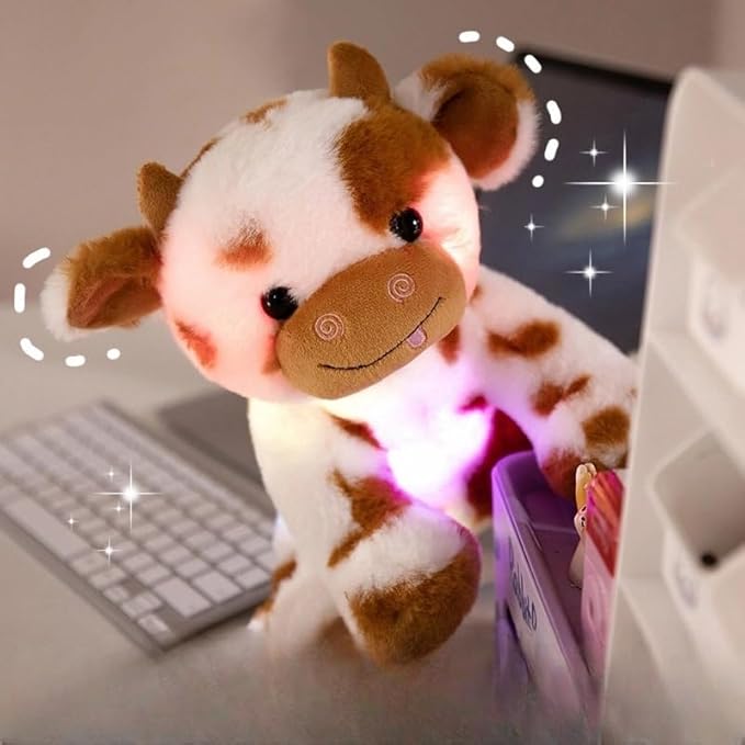 7.9" Light-Up Plush Cow Toy, Soft Brown & White Glowing Cow Stuffed Animal, Night Companion for Kids, Cute Bedroom Decor, Birthday for Boys Girls Friends