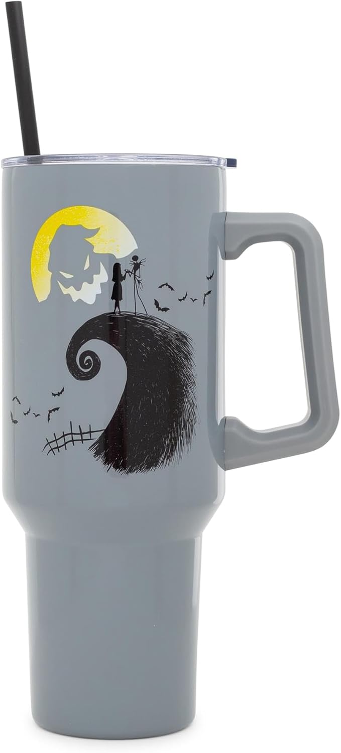 Silver Buffalo Disney Nightmare Before Christmas Featuring Oogie Boogie, Jack Skellington, and Sally Double Walled Stainless Steel Tumbler with Handle and Straw, Fits in Standard Cup Holder, 40 Ounces