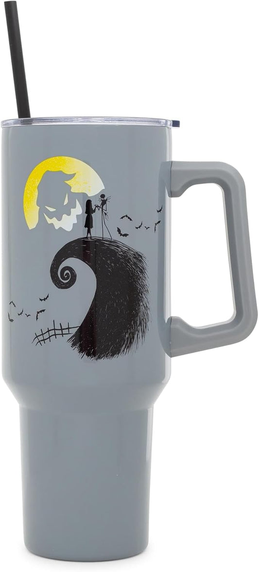 Silver Buffalo Disney Nightmare Before Christmas Featuring Oogie Boogie, Jack Skellington, and Sally Double Walled Stainless Steel Tumbler with Handle and Straw, Fits in Standard Cup Holder, 40 Ounces