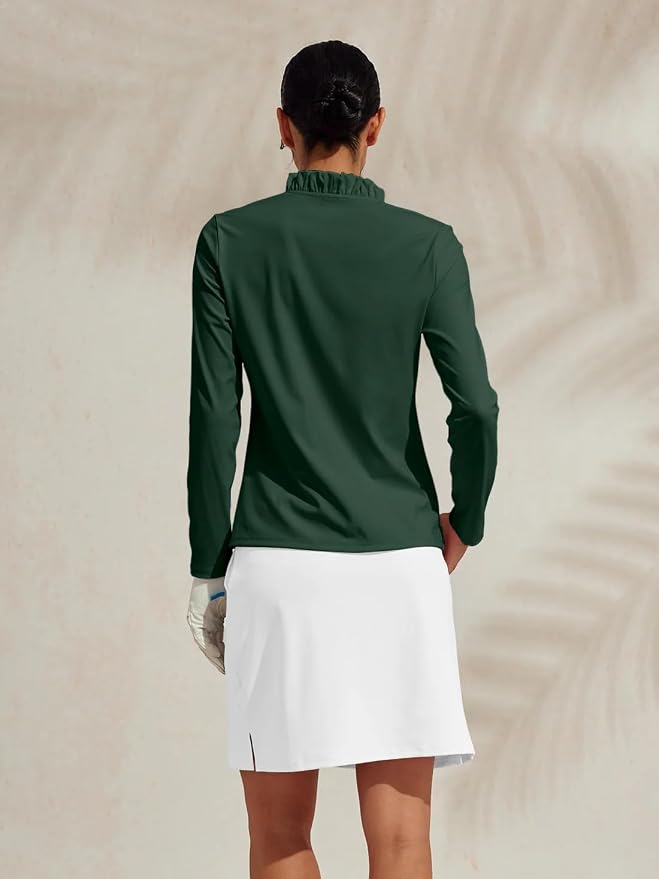 ACEGOLFS Womens Golf Polo Shirts Casual Ruffle V Neck Long Sleeve Tops for Women UPF 50+ Rash Guard Ladies Pullover Shirt