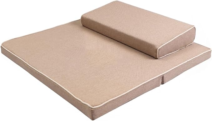 Portable Foldable Meditation Cushion Mat Set with Washable Cotton Linen Cover, Larger Thick Yoga Mat Bolster Floor Pillows Seating for Adults Meditation Accessories Beige-70cm