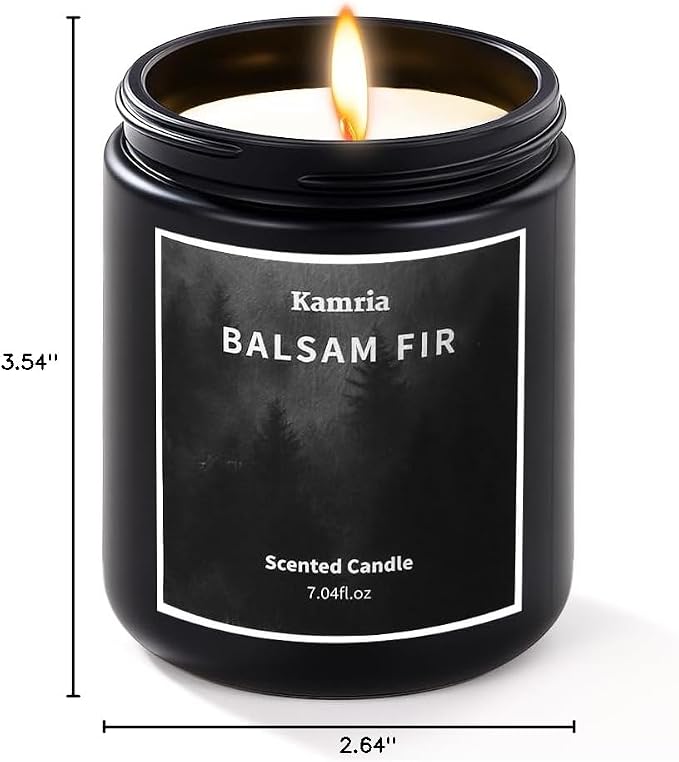 Balsam Fir Scented Candle, Fresh Pine & Evergreen Woodsy Aromatherapy in Black Jar, Natural Soy Wax for Home Decor, Crisp Winter Forest Scent for Men and Women, 7oz