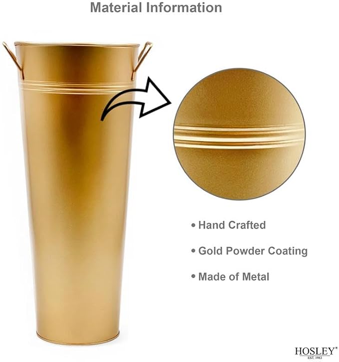Hosley Set of 2 Gold Metal French Bucket with Handles & PVC Liner, 6" Dia x 15" H for Weddings, Parties, Country Picnics, Floral Arrangements, Tableware Storage, or Gardens - Rustic Farmhouse Décor