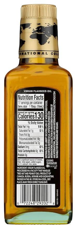 International Collection Virgin Flaxseed Oil, 8.45 fl oz (Pack of 1) | Expertly Sourced, Quality Oils | NonGMO Project Certified, No Artificial Flavors, Gluten Free, Vegan, Kosher & Halal Approved