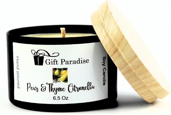 Pear and Thyme Citronella, Soy Wax Candle, Black Metal Tin, 6.5 oz, Cotton Wick