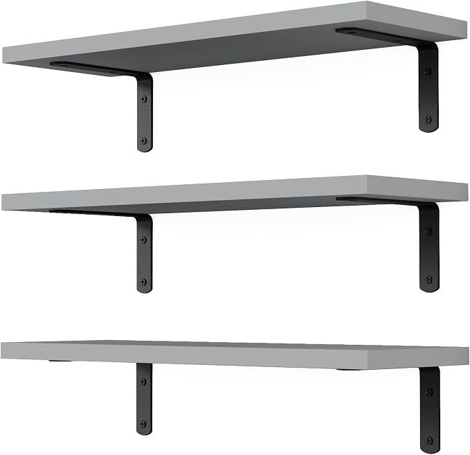 DOLLFIO Floating Shelves, 3 Sets Wall Wooden Shelves for Décor, Mounted Bathroom Shelf Storage, Book Wall, Bedroom, Living Room – Grey, HM02