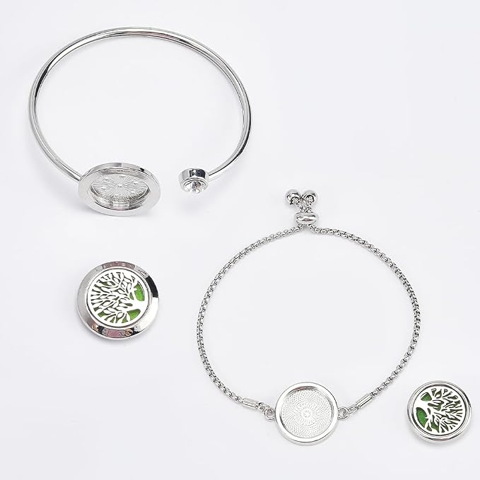 SUNNYCLUE 1 Box 2 Sets Essential Oil Diffuser Bracelets Essential Oil Bracelet Bangles with 10Pcs Refill Pad Tree of Life Stainless Steel Aromatherapy Locket Adjustable Jewelry for Women Gifts Travel