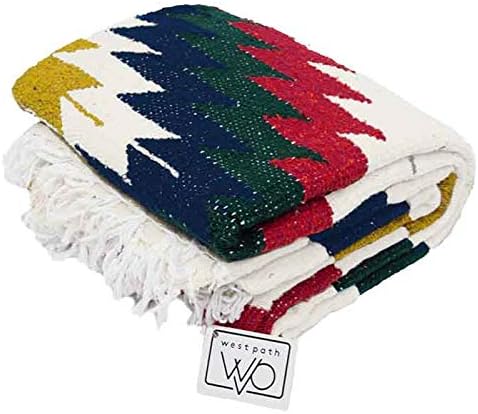 Open Road Goods Aztec Navajo Style Blanket, Throw, or Yoga Bolster - Handwoven Mexican Diamond Blanket (White Fiesta Blanket)