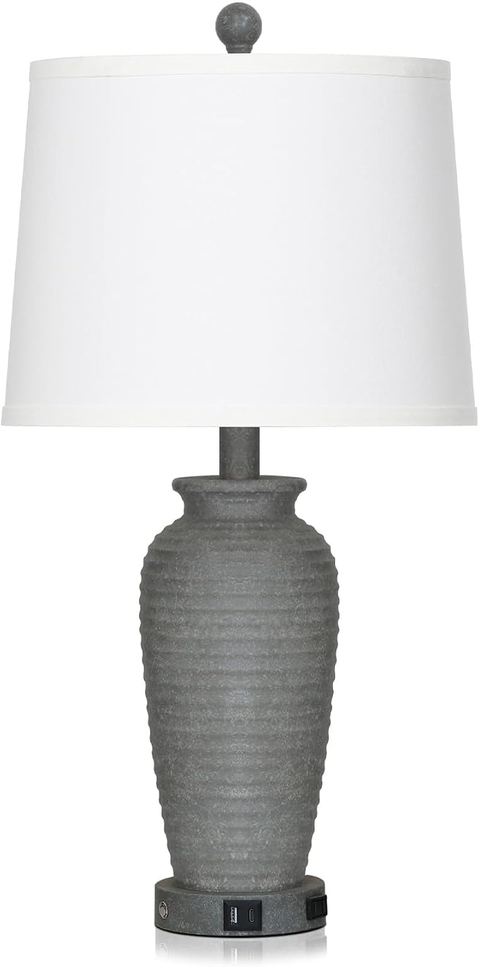 CINSARY 25" Grey Farmhouse Jar Table Lamps, 3 Way Touch Control Rustic Bedside Lamps with USB A+C Ports & AC Outlet, Pot Nightstand Lamps for Bedroom End Table (LED Bulbs Included)